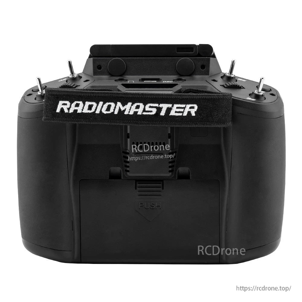 RadioMaster GX12 rear view showing battery compartment door and RadioMaster neck strap attachment