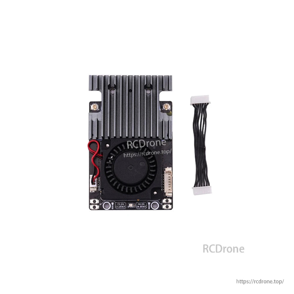RadioMaster GX12 internal RF module board with heatsink and cooling fan, includes plug-in cable