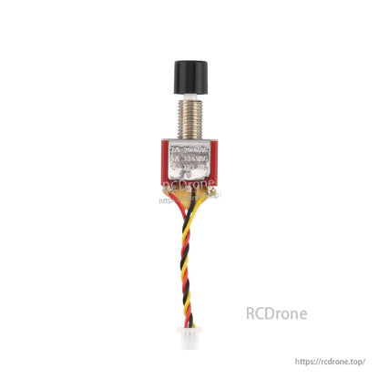 GX12 momentary non-latching switch with black button cap, metal threads, and 3-wire lead to plug