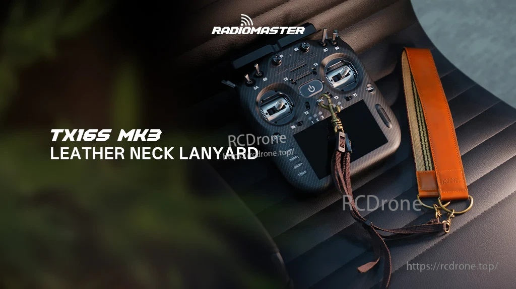 RadioMaster deluxe leather neck lanyard with brass hardware attached to an RC transmitter (TX16S MK3)