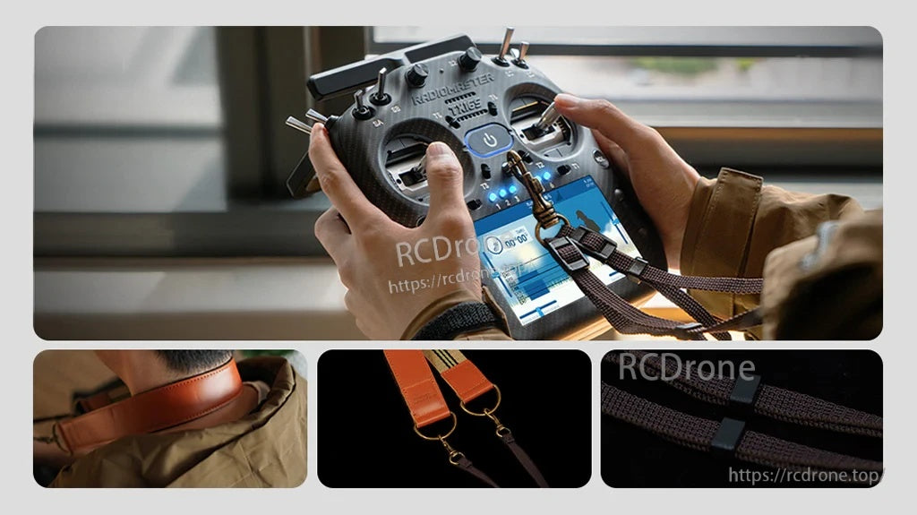 Leather transmitter neck strap in use, with padded neck section, brass clips, and adjustable strap slider details