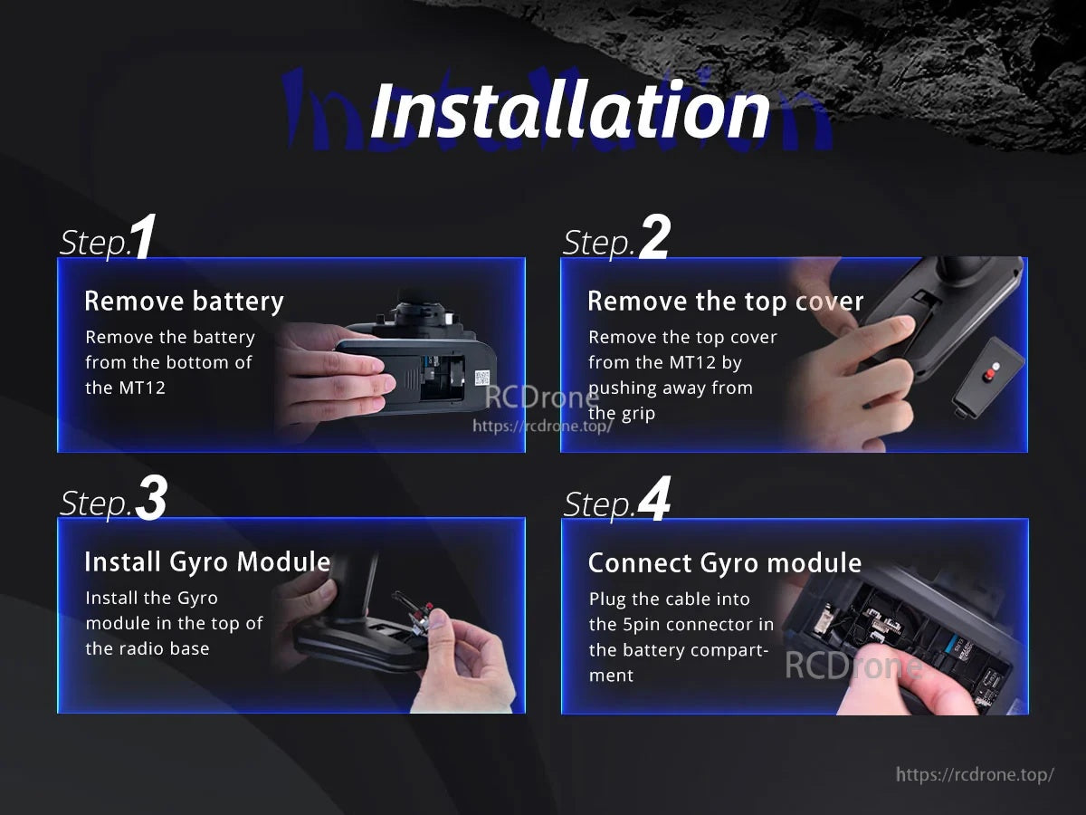 Installation steps for MT12 gyro module: remove battery, remove top cover, install module, connect 5-pin JST cable