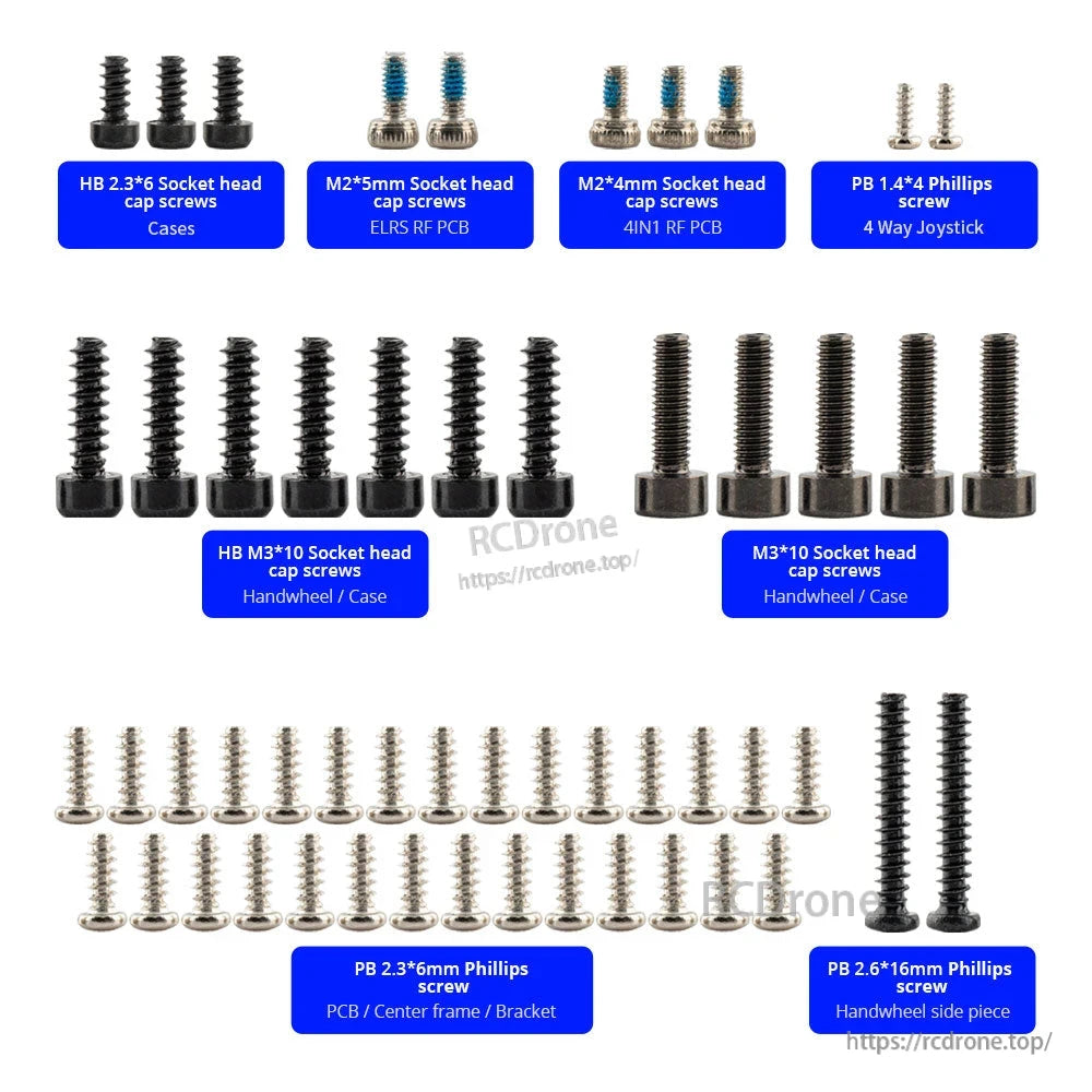 RadioMaster MT12 screw set layout showing labeled Phillips and socket head screws in multiple sizes