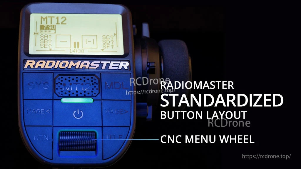 RadioMaster MT12 Surface Radio screen assembly installed on transmitter, with standardized button layout and CNC menu wheel