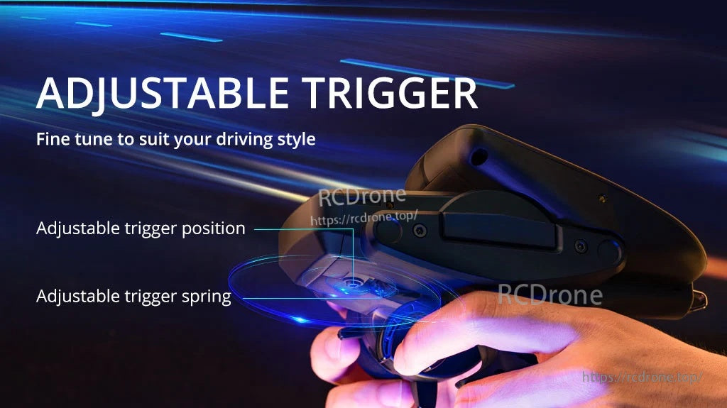 RadioMaster MT12 surface radio trigger assembly graphic highlighting adjustable trigger position and spring