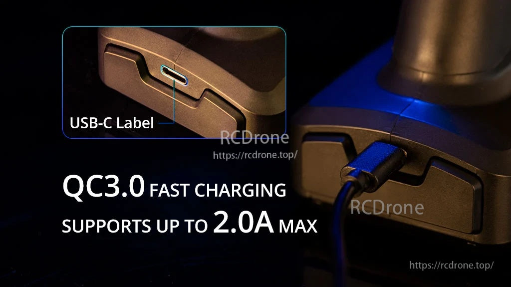 RadioMaster MT12 USB-C charging module installed on the surface radio, QC3.0 fast charging up to 2.0A max