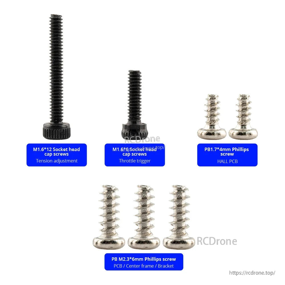 RadioMaster MT12 Trigger Screw Set diagram showing labeled screws for tension adjust, throttle trigger, and PCB/frame