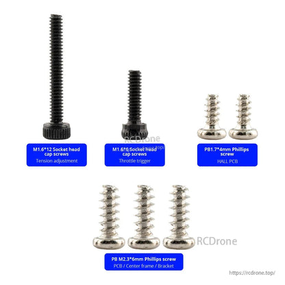 RadioMaster MT12 Trigger Screw Set diagram showing labeled screws for tension adjust, throttle trigger, and PCB/frame