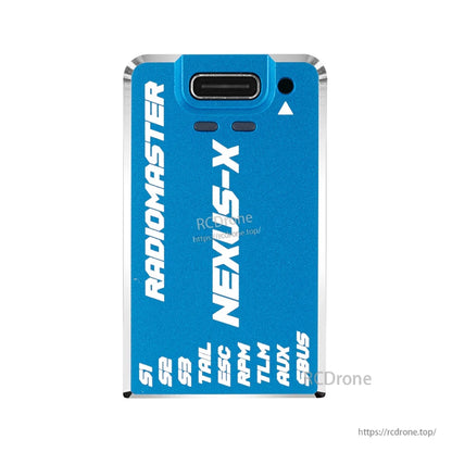 NEXUS-X flight controller top view in blue finish with USB-C connector opening