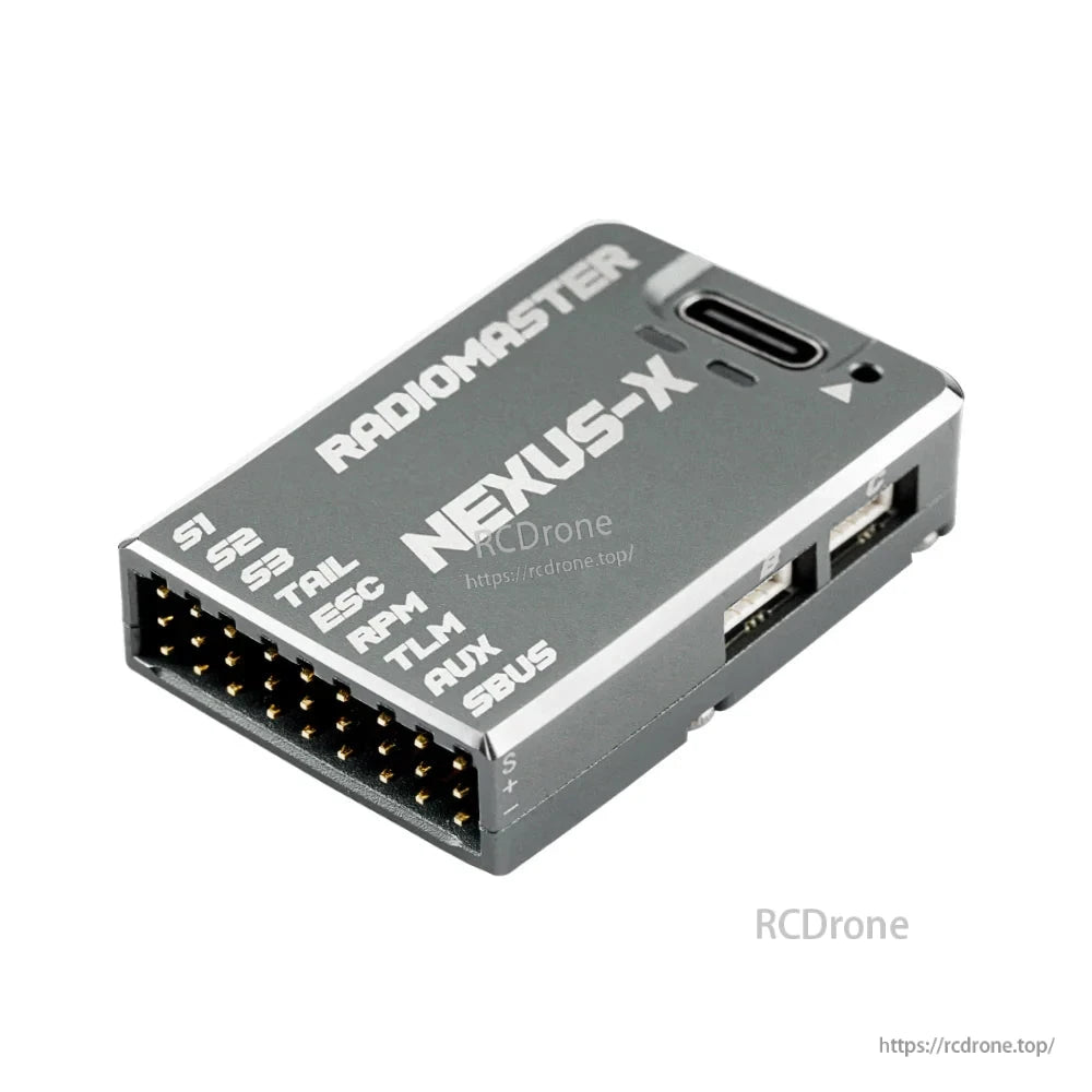 RadioMaster NEXUS-X flight controller angled view showing multi-pin header and side ports