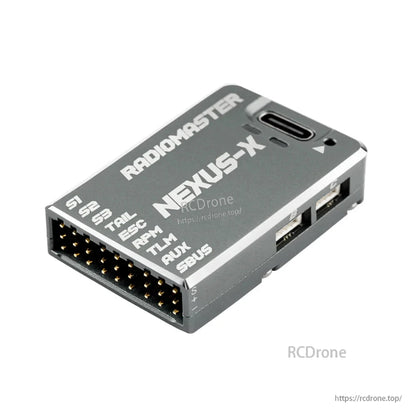 RadioMaster NEXUS-X flight controller angled view showing multi-pin header and side ports