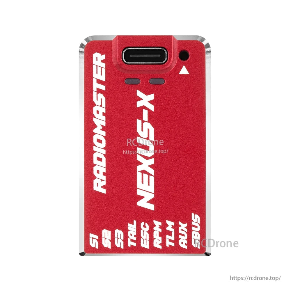 NEXUS-X flight controller top view in red finish with USB-C connector opening