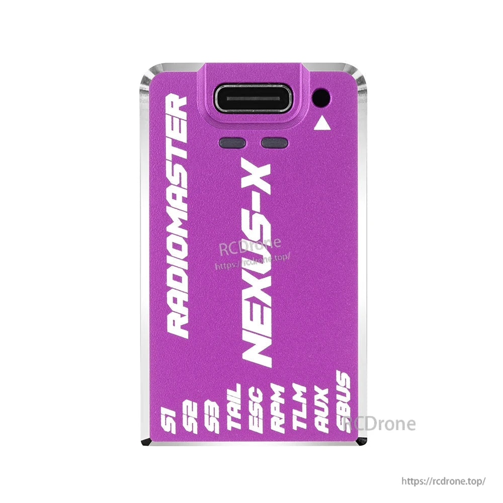 NEXUS-X flight controller top view in purple finish with USB-C connector opening