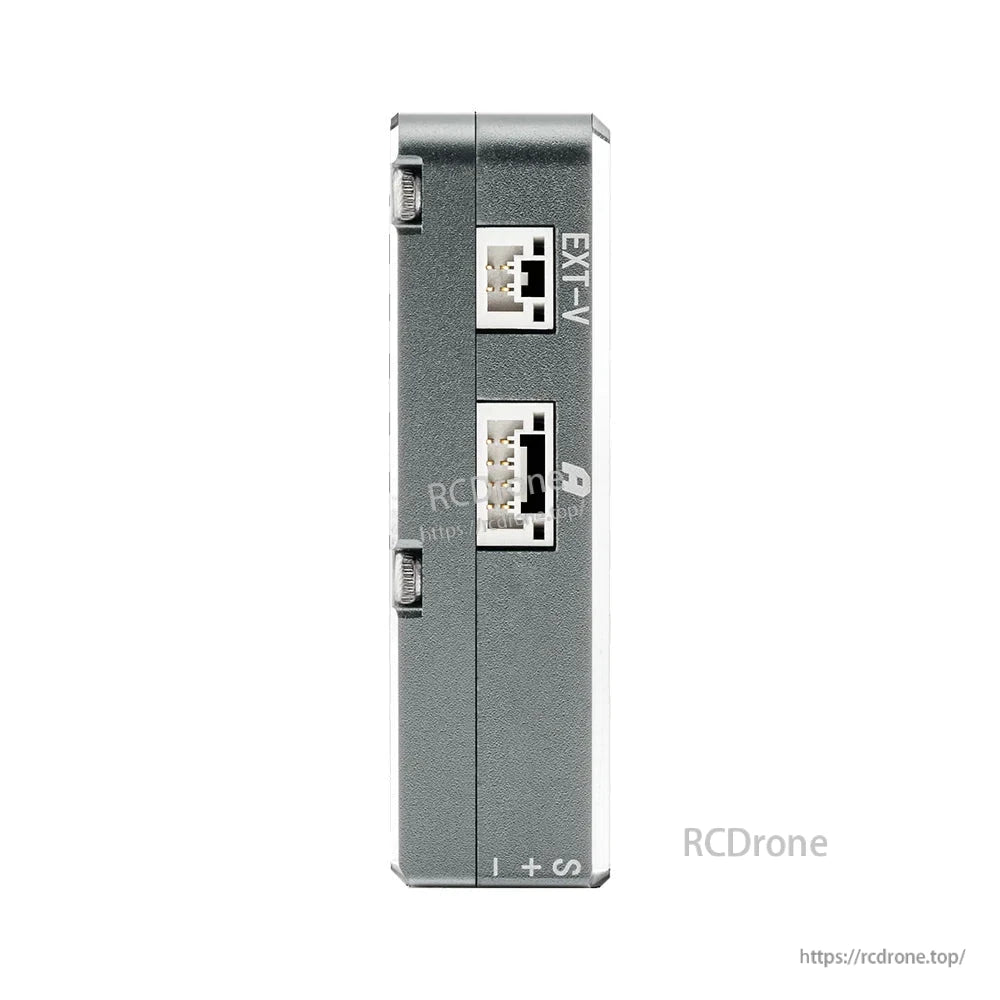 NEXUS-X side view showing two stacked sockets with “EXT-V” label and S/+ marking