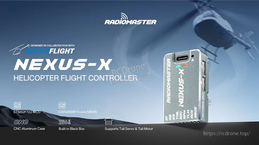 RadioMaster NEXUS-X Helicopter Flight Controller in CNC aluminum case with USB-C access and Rotorflight focus