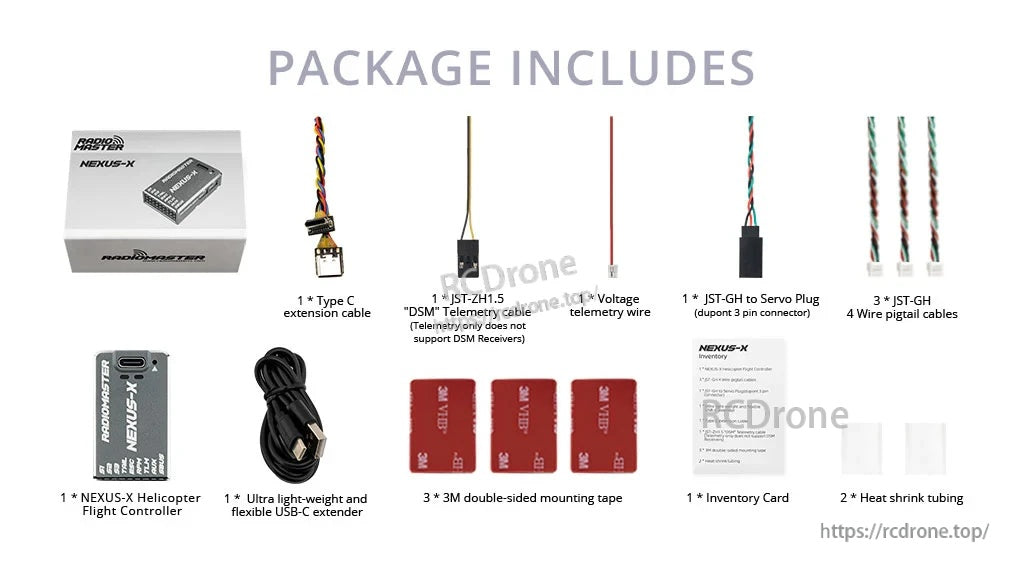 RadioMaster NEXUS-X package contents: flight controller, JST-GH cables, USB-C extender, mounting tape and heat shrink