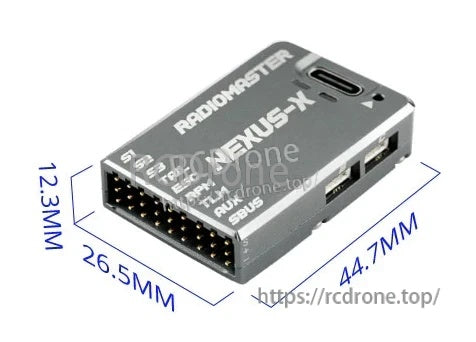 RadioMaster NEXUS-X flight controller dimensions diagram: 44.7 mm by 26.5 mm footprint and 12.3 mm height