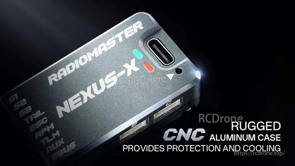 Close-up of NEXUS-X rugged CNC aluminum case, status LED and USB-C port for protection and cooling
