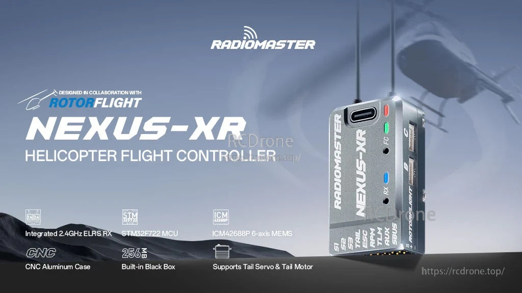 RadioMaster NEXUS-XR helicopter flight controller with integrated 2.4GHz ExpressLRS receiver overview