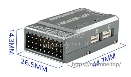 Dimensions illustration of the NEXUS-XR controller body with measurements 44.7mm x 26.5mm x 14.3mm