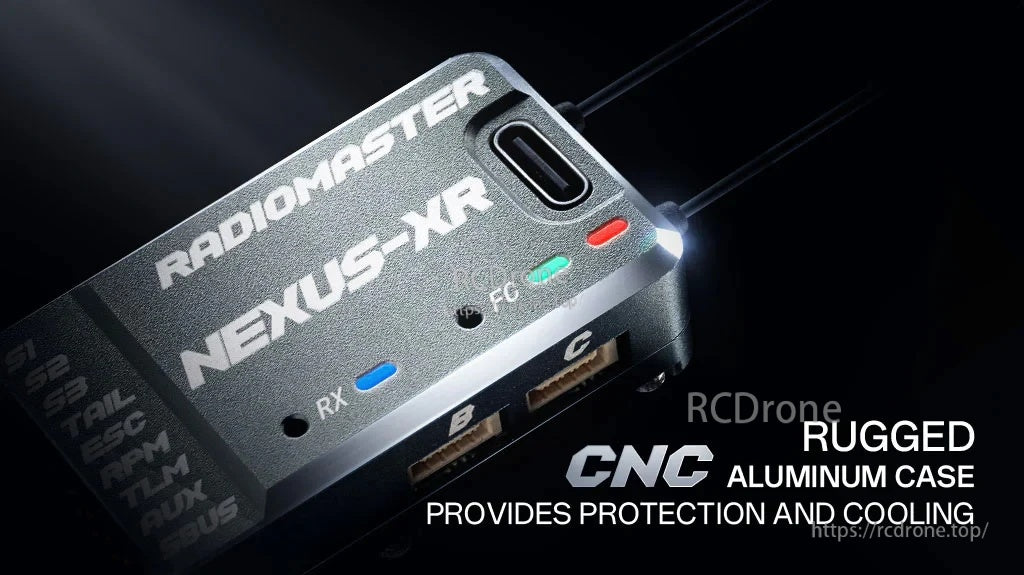 CNC aluminum case detail with USB-C port and status LEDs on the RadioMaster NEXUS-XR controller