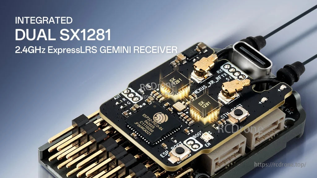 Close-up of NEXUS-XR integrated dual SX1281 2.4GHz ExpressLRS (Gemini) receiver board and connectors