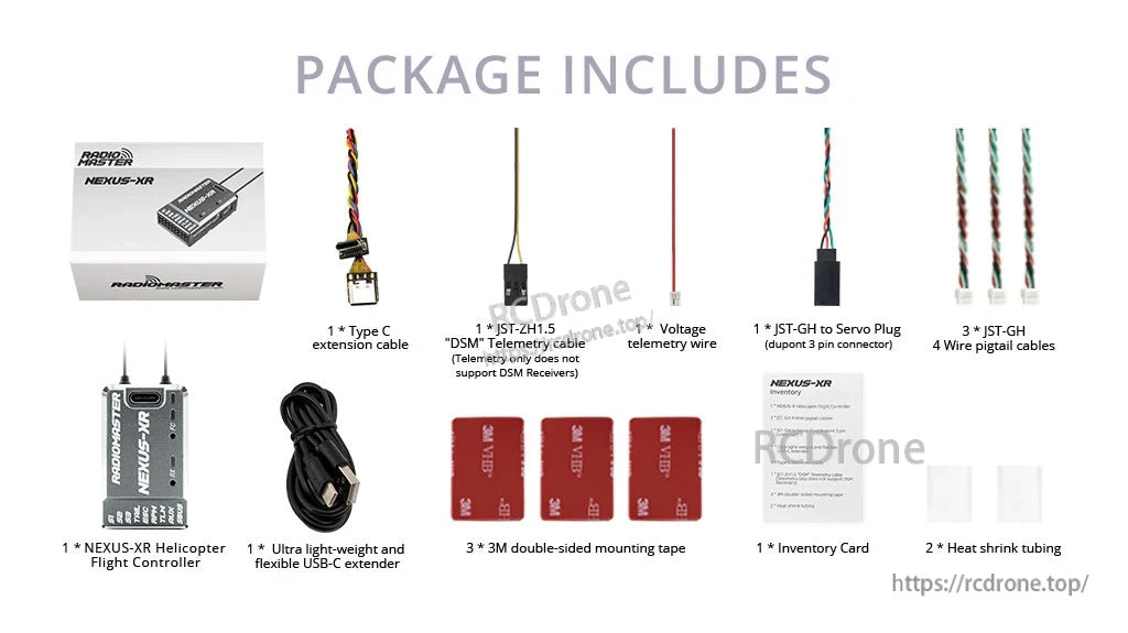 RadioMaster NEXUS-XR package contents including flight controller, USB-C extender, cables, mounting tape, and heat shrink
