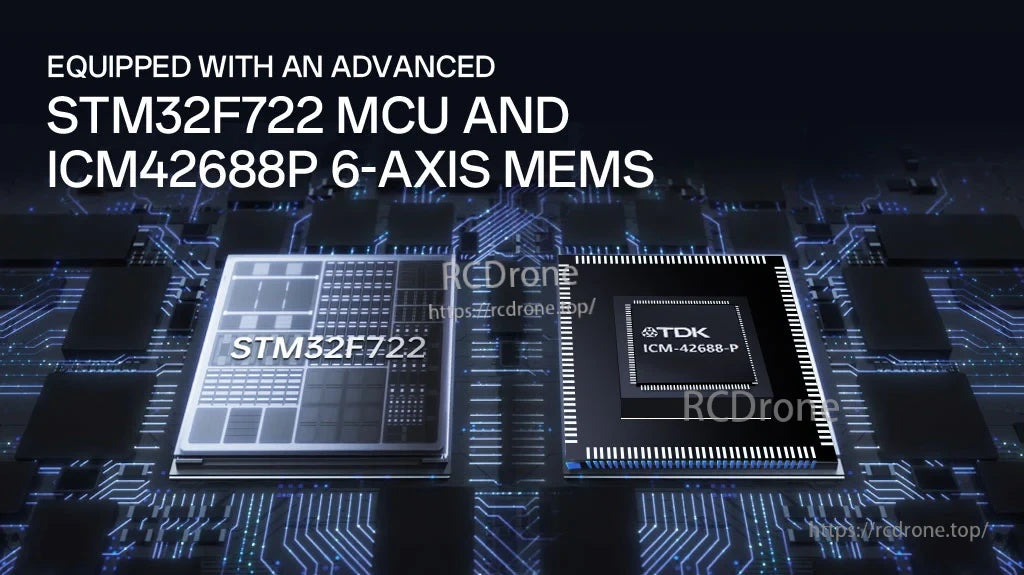 Graphic highlighting STM32F722 MCU and ICM42688P 6-axis MEMS sensor used in the flight controller