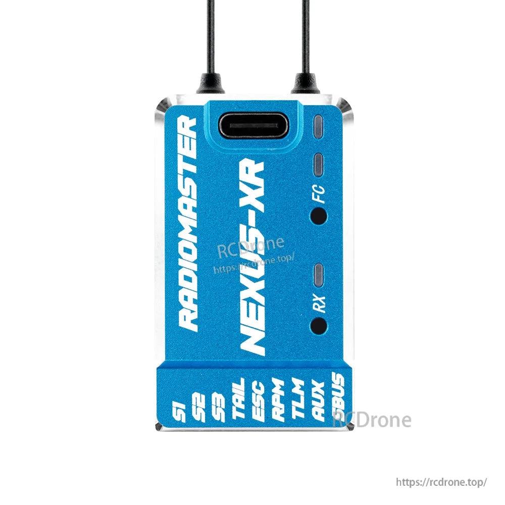 NEXUS-XR flight controller in blue housing, front face with USB-C port and antenna leads