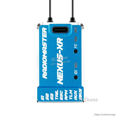 NEXUS-XR flight controller in blue housing, front face with USB-C port and antenna leads