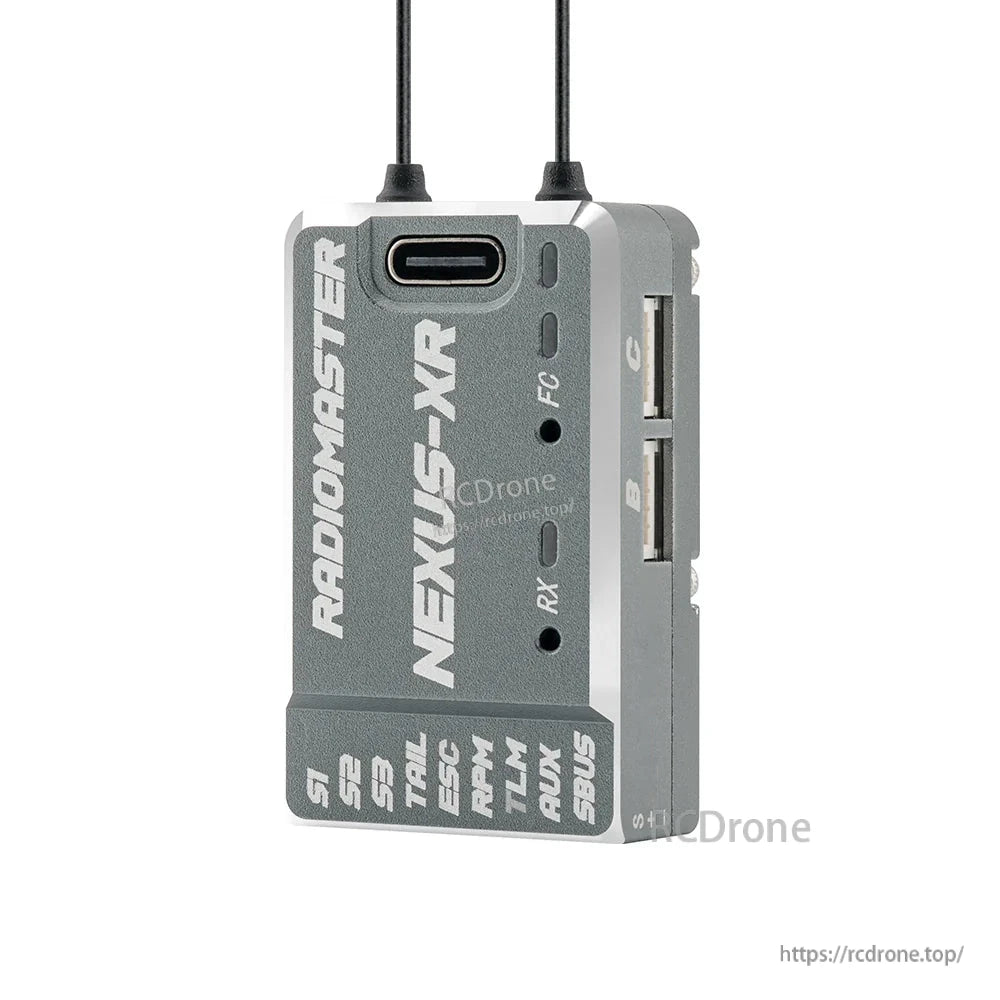 NEXUS-XR controller angled view showing side profile, antenna leads, and front label panel