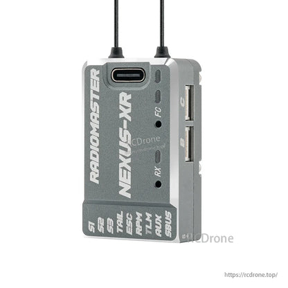 NEXUS-XR controller angled view showing side profile, antenna leads, and front label panel