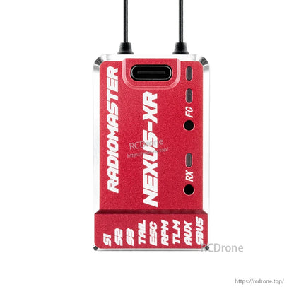 NEXUS-XR flight controller in red housing, front face with USB-C port and antenna leads