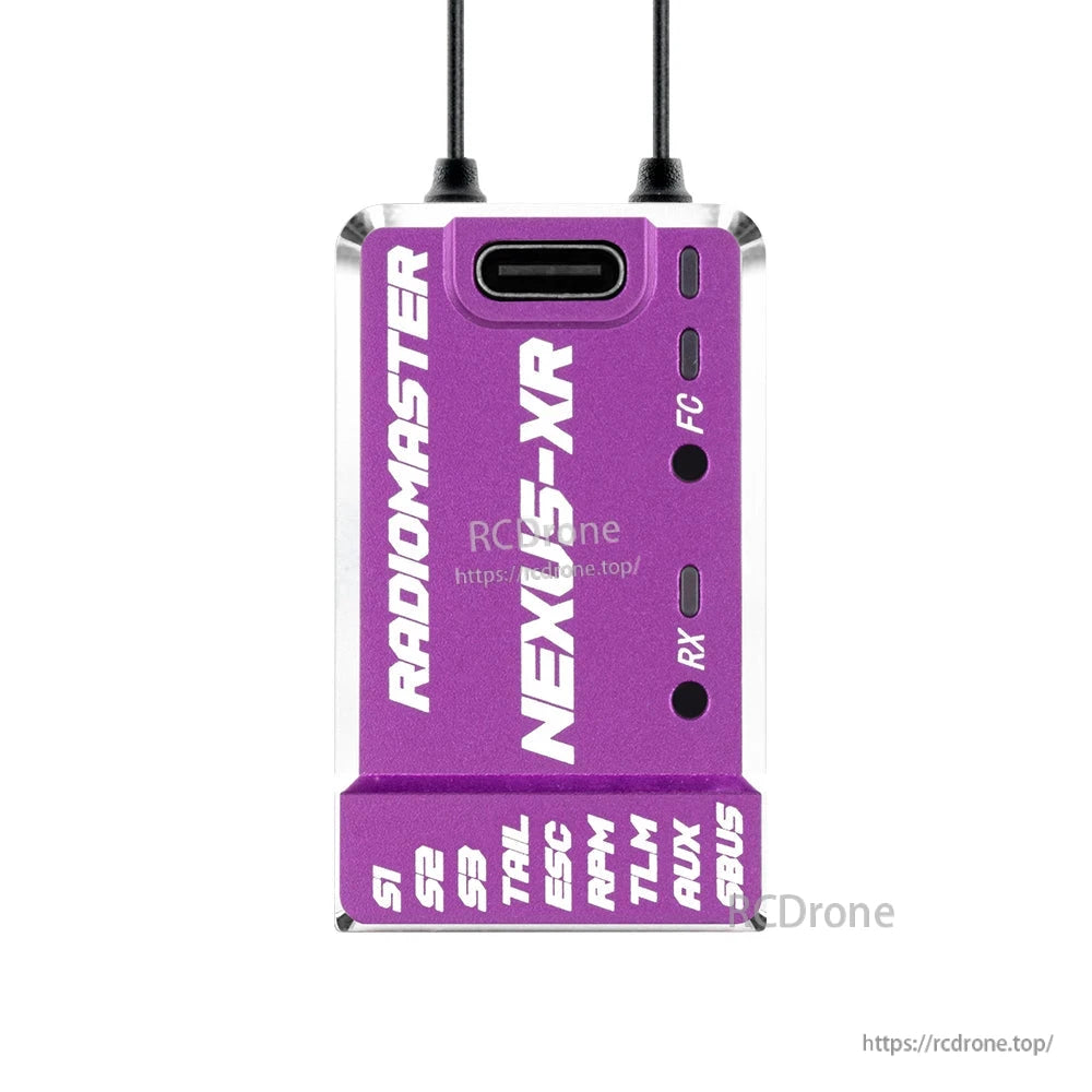 NEXUS-XR flight controller in purple housing, front face with USB-C port and indicator openings