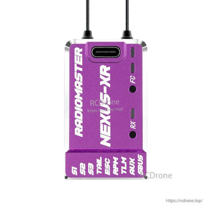 NEXUS-XR flight controller in purple housing, front face with USB-C port and indicator openings