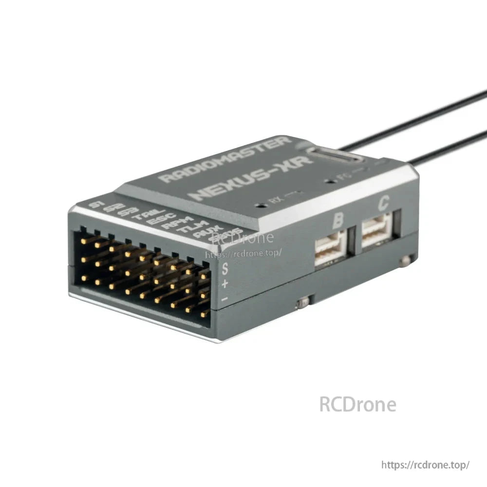 RadioMaster NEXUS-XR flight controller angled view showing pin header and side ports
