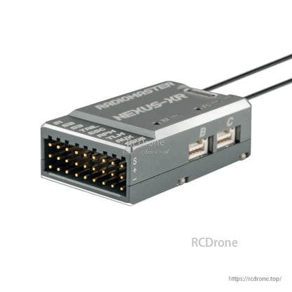 RadioMaster NEXUS-XR flight controller angled view showing pin header and side ports