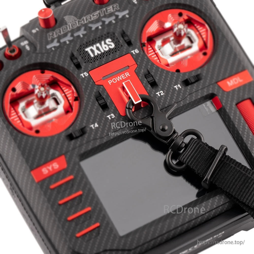 Snap hook clip attached to RadioMaster TX16S transmitter neck strap mount, close-up
