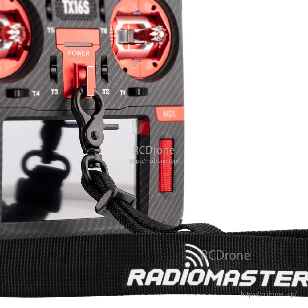 Close-up of swivel hook connection and strap loop attached to transmitter mount