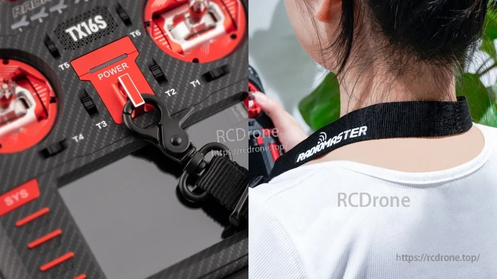 RadioMaster Neck Strap attached to an RC transmitter, with adjustable clip and RadioMaster logo on the strap