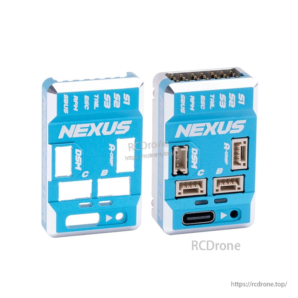 RadioMaster Nexus flight controller case front and rear views, showing connector and port cutouts