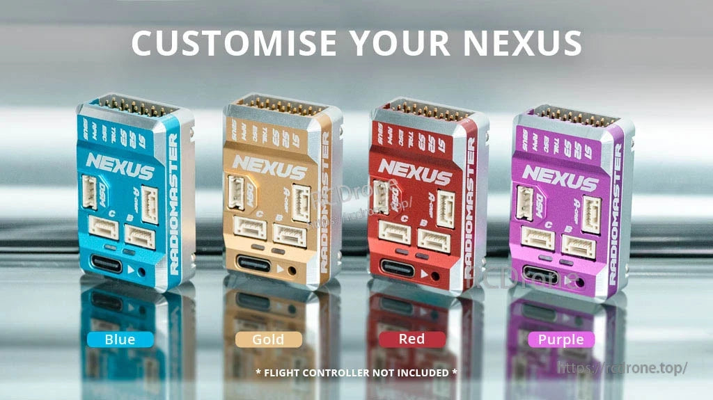Blue, gold, red, and purple Nexus aluminum case color options for custom helicopter flight controller builds