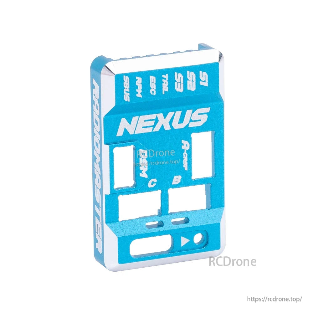 Blue anodized Nexus aluminum case standing upright, showing front cutouts and engraved labels