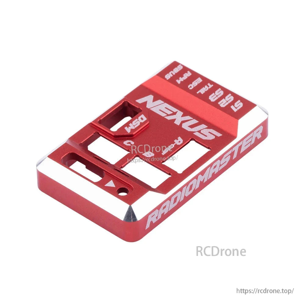 Angled view of red aluminum Nexus case showing machined edges and Radiomaster side engraving