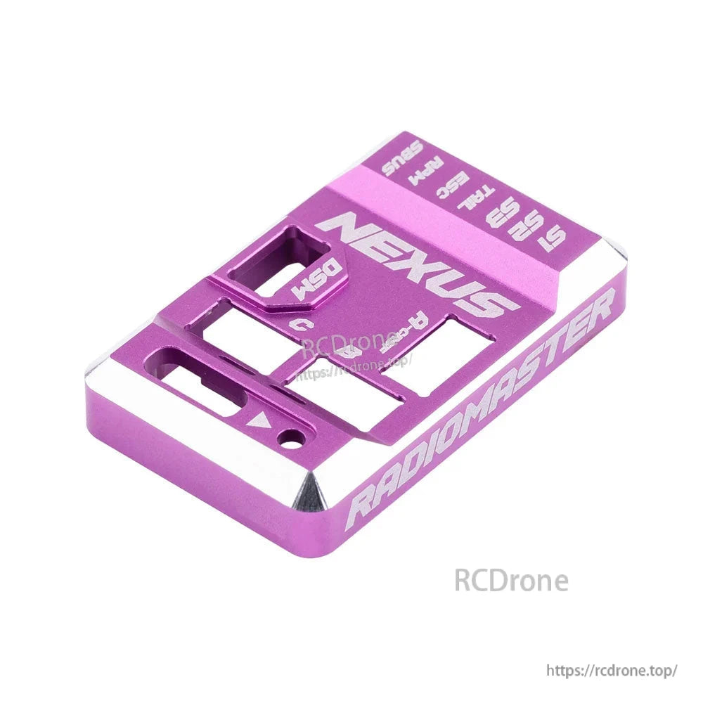Angled view of purple aluminum Nexus case showing machined edges and Radiomaster side engraving