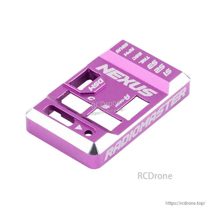 Angled view of purple aluminum Nexus case showing machined edges and Radiomaster side engraving