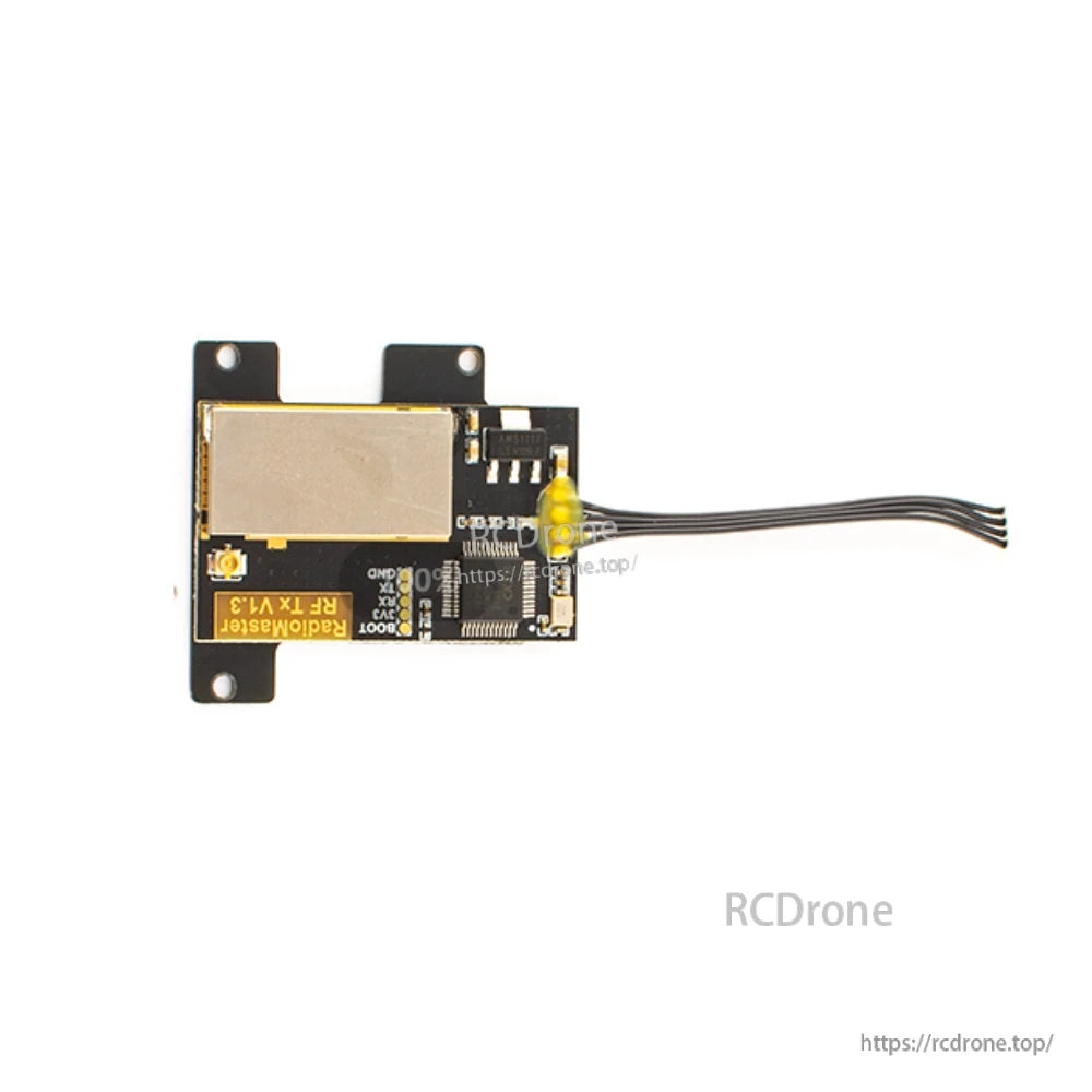 RadioMaster Pocket CC2500 RF module board with metal shield and antenna wire lead, top view