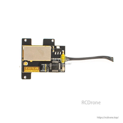 RadioMaster Pocket CC2500 RF module board with metal shield and antenna wire lead, top view