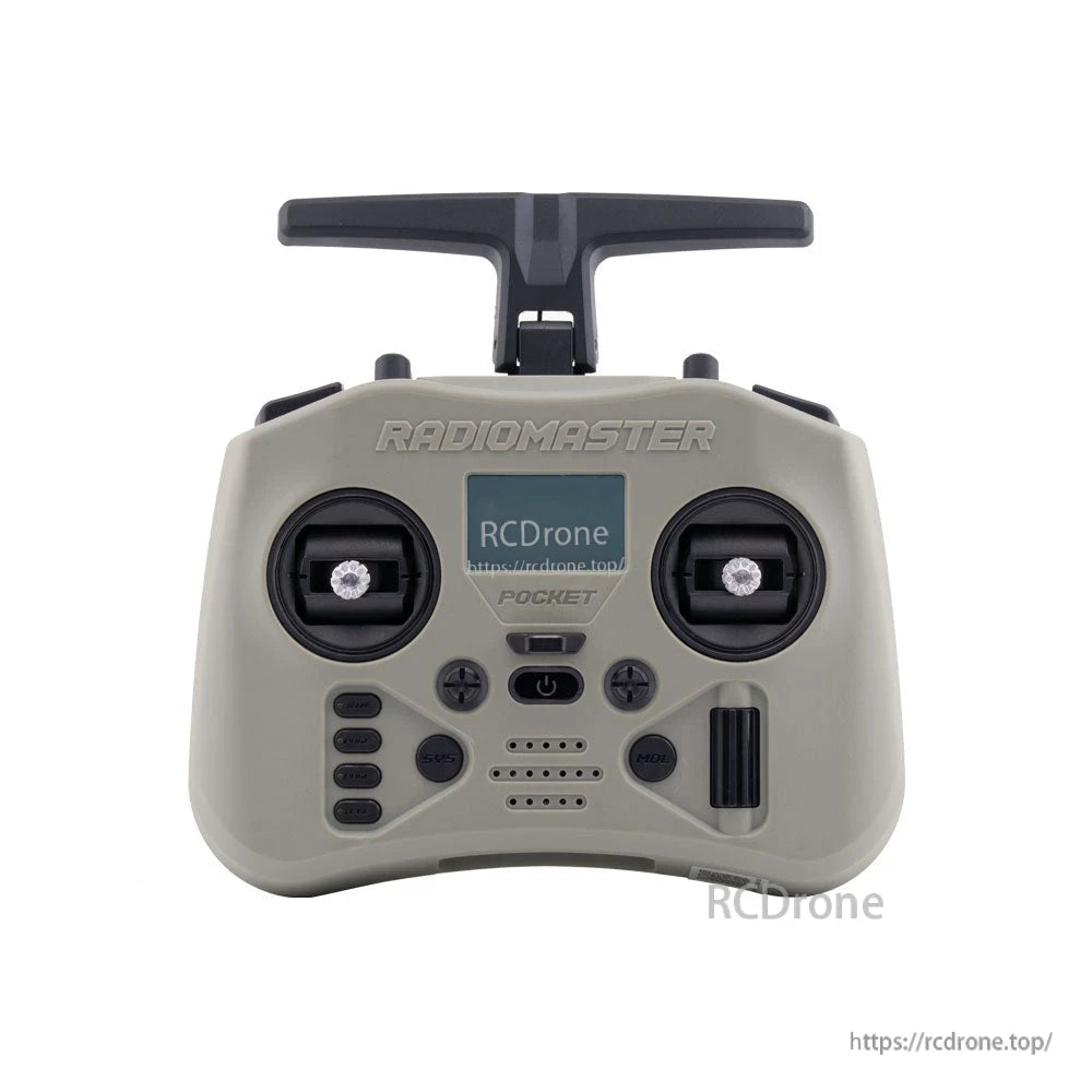 Gray RadioMaster Pocket Crush transmitter front view with dual gimbals, screen area and button layout