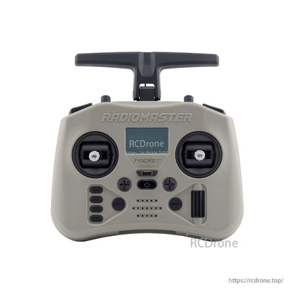 Gray RadioMaster Pocket Crush transmitter front view with dual gimbals, screen area and button layout